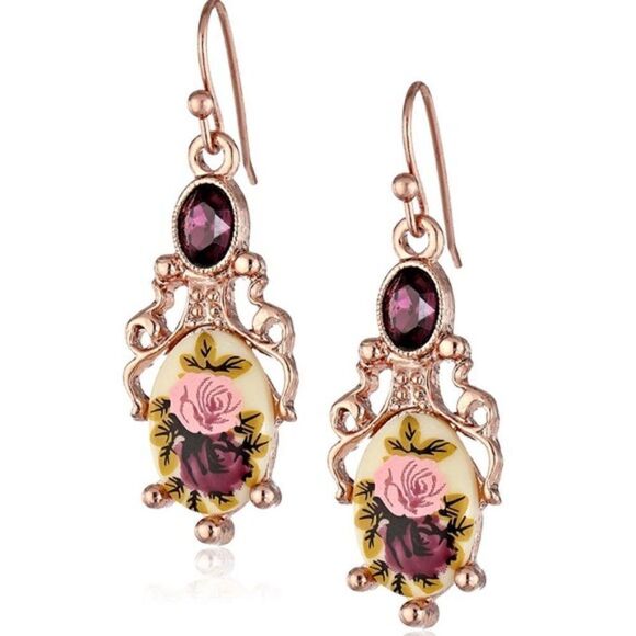 1928 Rose Gold Manor House Filigree Dangling Drop Hook Earrings - Picture 1 of 8